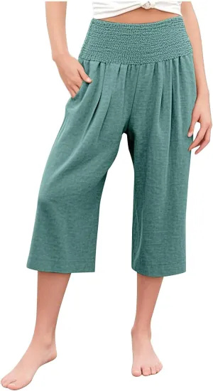Girls Capri Pants Summer Cotton Linen Wide Leg Palazzo Pants Kids High Waisted Casual Yoga Athletic Cropped Trousers