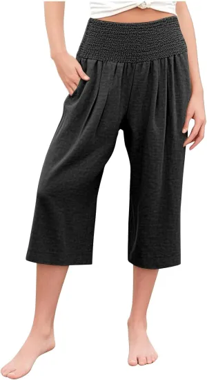Girls Capri Pants Summer Cotton Linen Wide Leg Palazzo Pants Kids High Waisted Casual Yoga Athletic Cropped Trousers