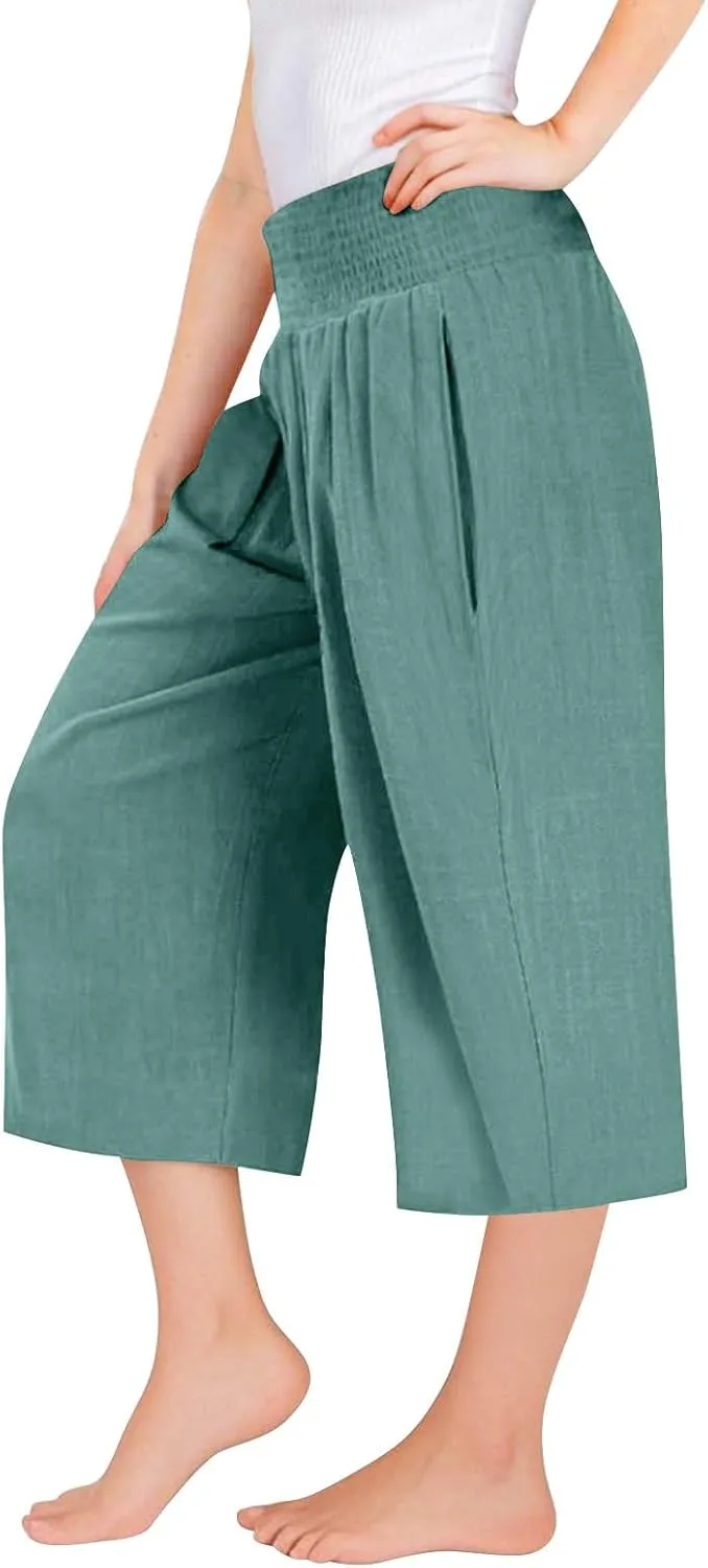 Girls Capri Pants Summer Cotton Linen Wide Leg Palazzo Pants Kids High Waisted Casual Yoga Athletic Cropped Trousers