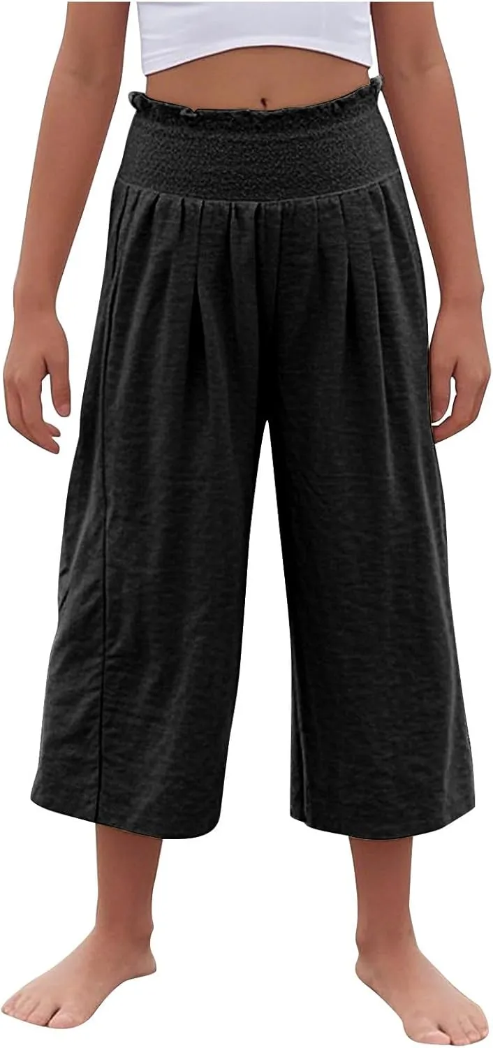 Girls Capri Pants Summer Cotton Linen Wide Leg Palazzo Pants Kids High Waisted Casual Yoga Athletic Cropped Trousers
