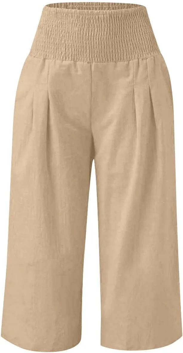 Girls Capri Pants Summer Cotton Linen Wide Leg Palazzo Pants Kids High Waisted Casual Yoga Athletic Cropped Trousers