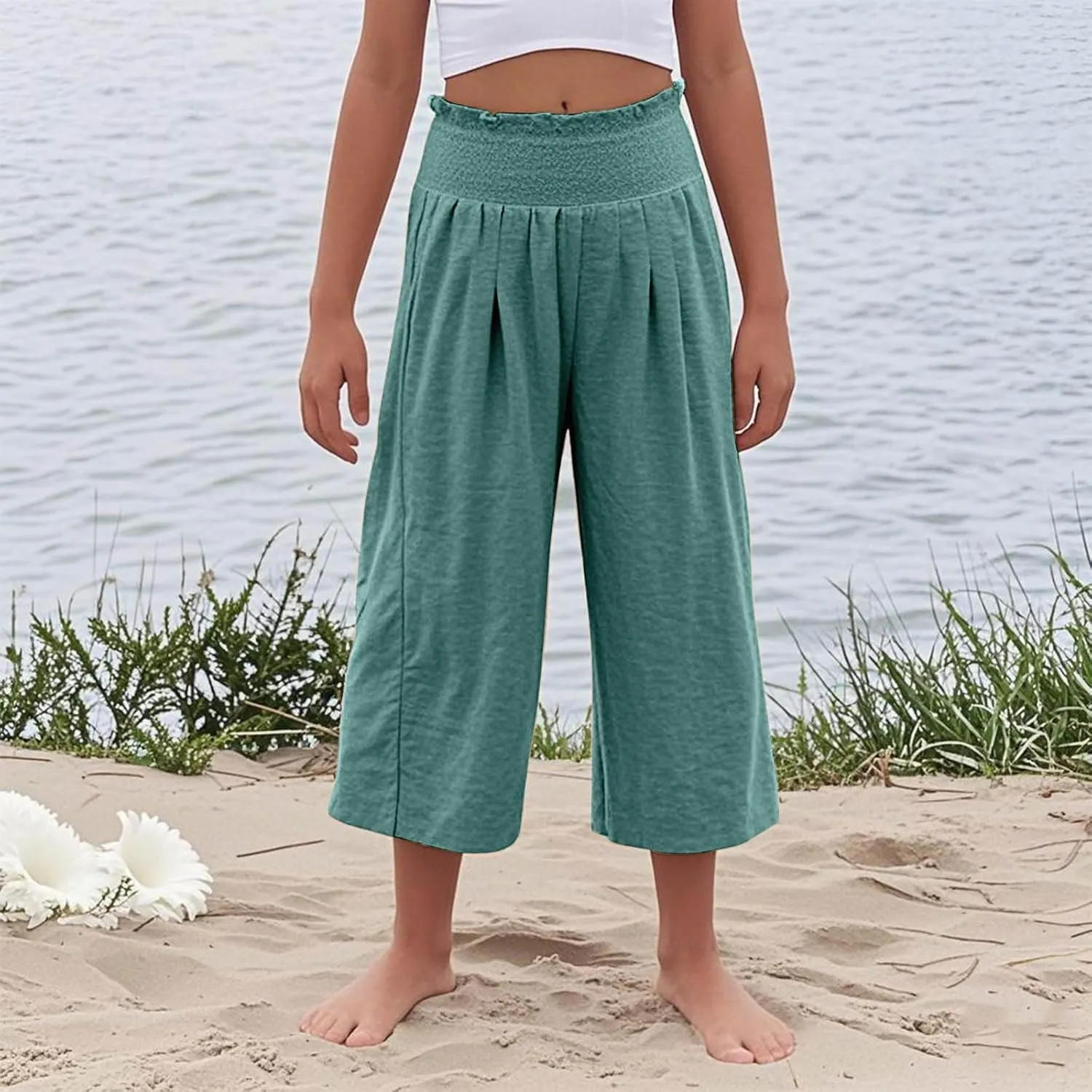 Girls Capri Pants Summer Cotton Linen Wide Leg Palazzo Pants Kids High Waisted Casual Yoga Athletic Cropped Trousers