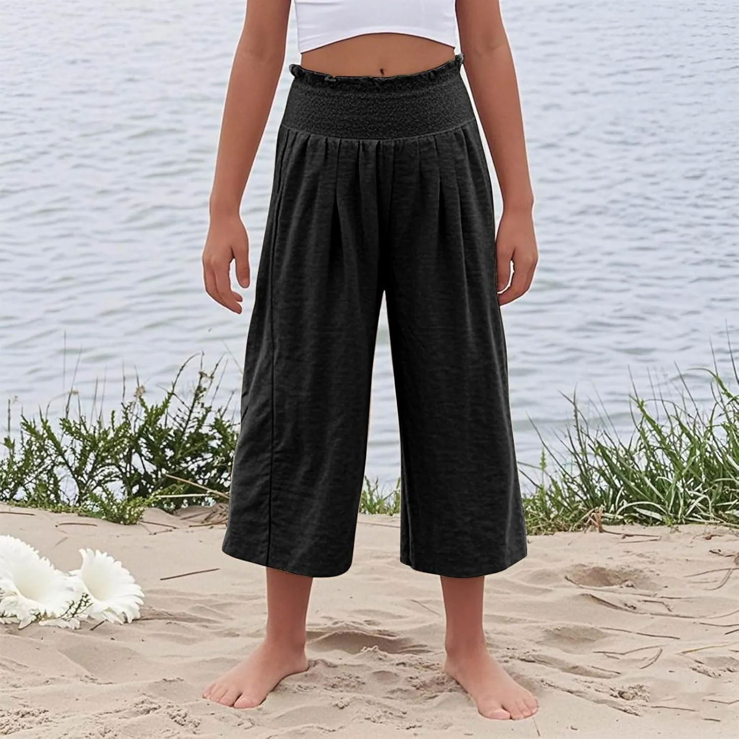 Girls Capri Pants Summer Cotton Linen Wide Leg Palazzo Pants Kids High Waisted Casual Yoga Athletic Cropped Trousers