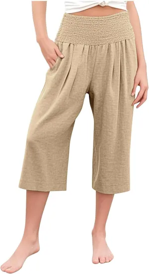 Girls Capri Pants Summer Cotton Linen Wide Leg Palazzo Pants Kids High Waisted Casual Yoga Athletic Cropped Trousers