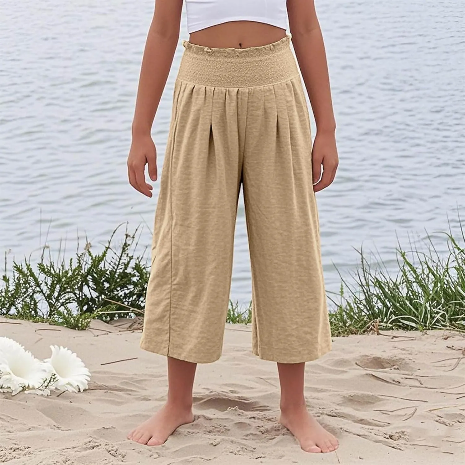 Girls Capri Pants Summer Cotton Linen Wide Leg Palazzo Pants Kids High Waisted Casual Yoga Athletic Cropped Trousers