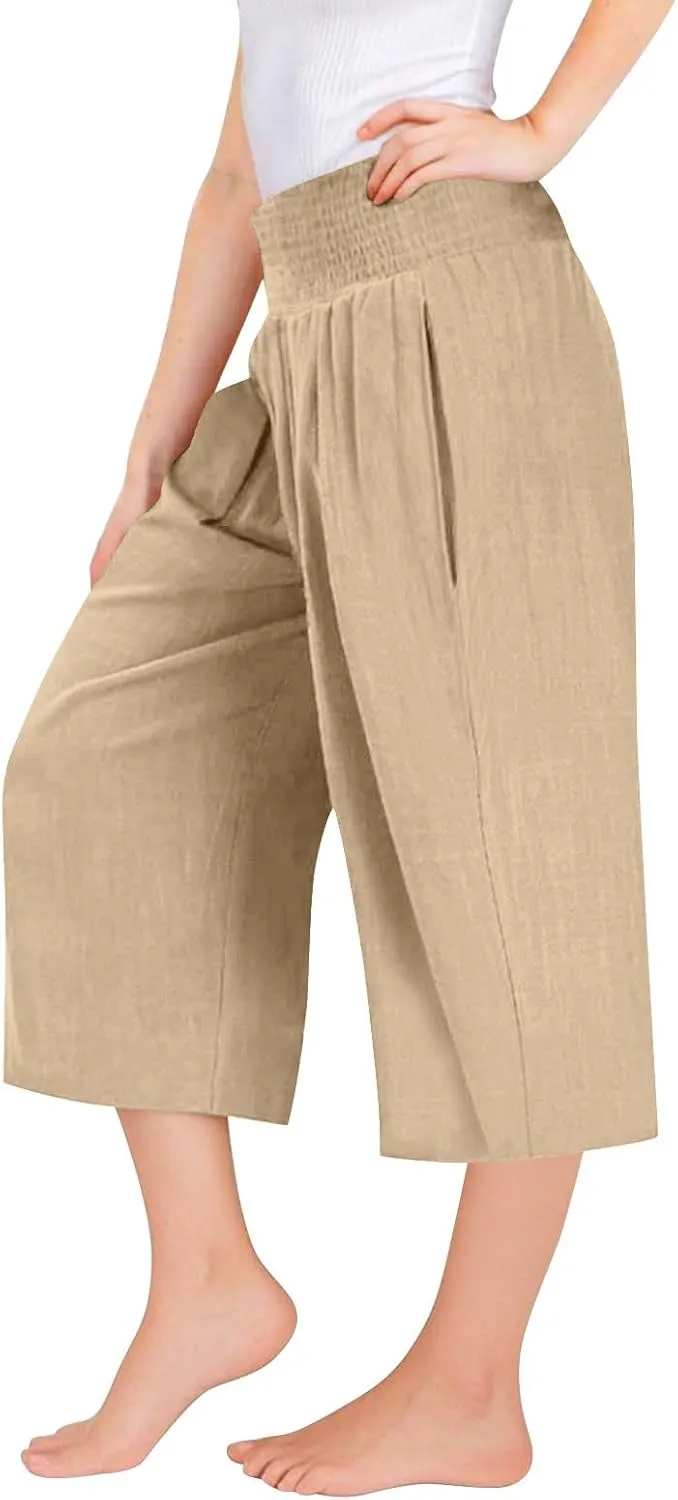 Girls Capri Pants Summer Cotton Linen Wide Leg Palazzo Pants Kids High Waisted Casual Yoga Athletic Cropped Trousers