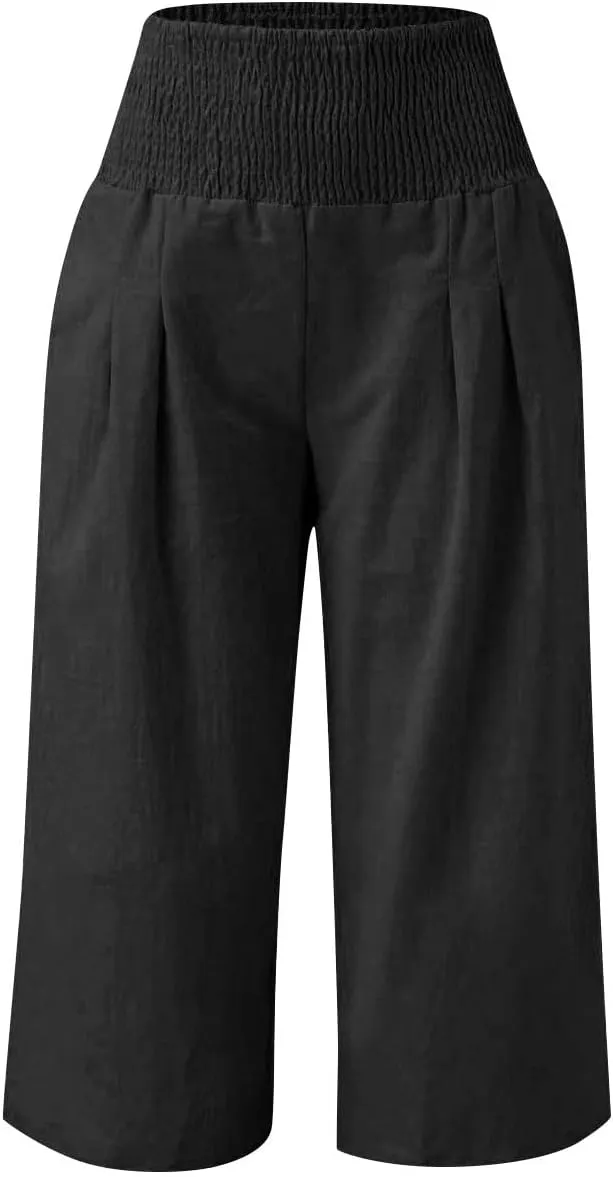 Girls Capri Pants Summer Cotton Linen Wide Leg Palazzo Pants Kids High Waisted Casual Yoga Athletic Cropped Trousers