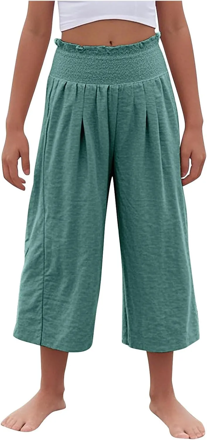 Girls Capri Pants Summer Cotton Linen Wide Leg Palazzo Pants Kids High Waisted Casual Yoga Athletic Cropped Trousers