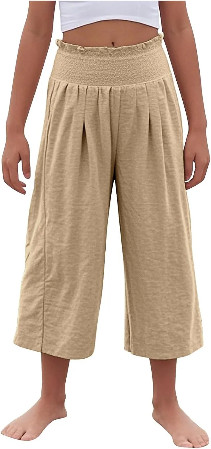 Girls Capri Pants Summer Cotton Linen Wide Leg Palazzo Pants Kids High Waisted Casual Yoga Athletic Cropped Trousers