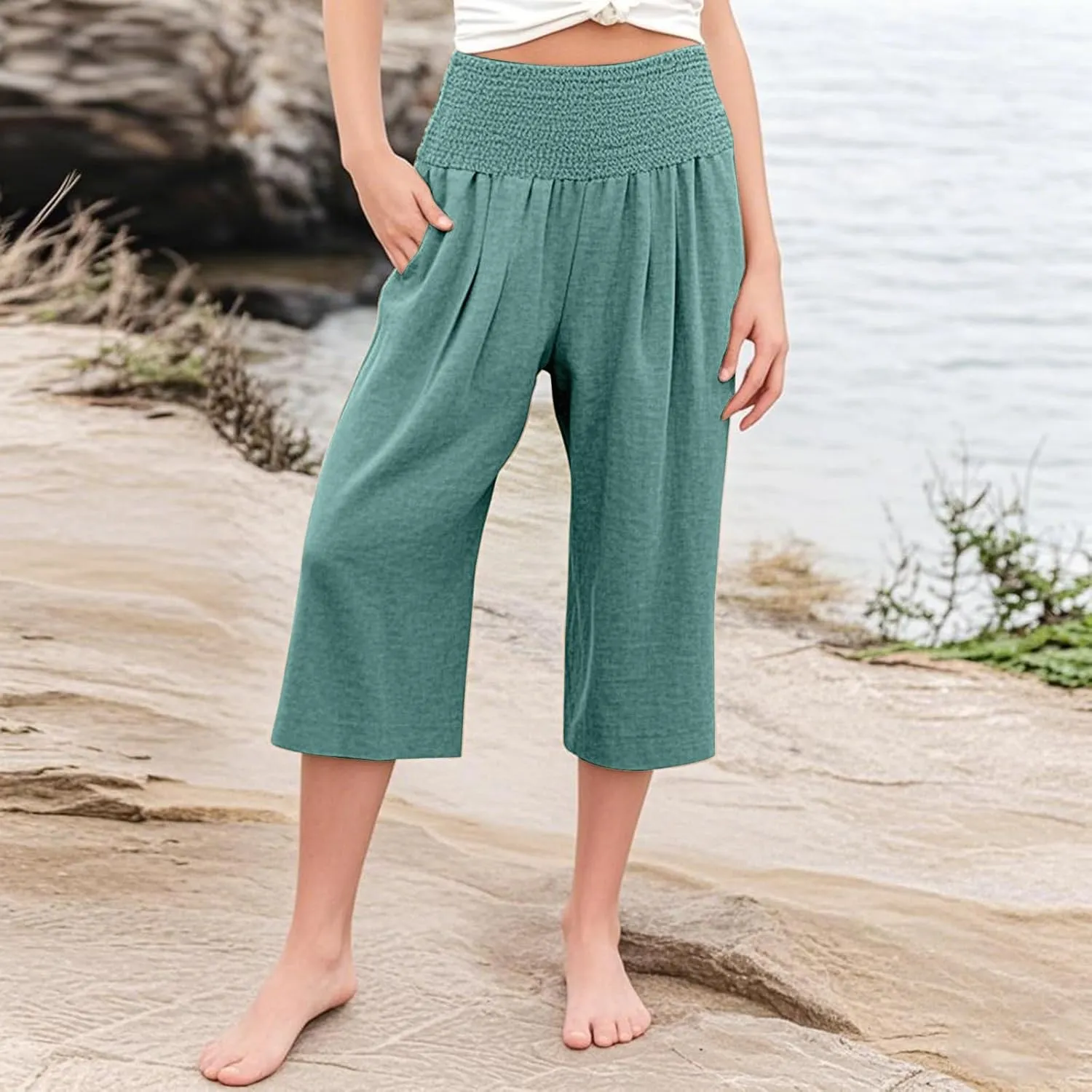 Girls Capri Pants Summer Cotton Linen Wide Leg Palazzo Pants Kids High Waisted Casual Yoga Athletic Cropped Trousers
