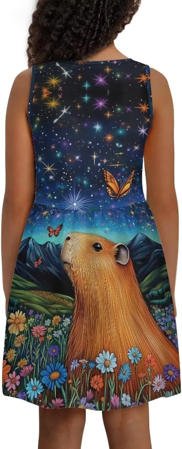 Girls Cute Summer Dresses 2-14Y Kids Mini Party Sun Dress Twirly Skater Dress Sleeveless Dress with Pockets