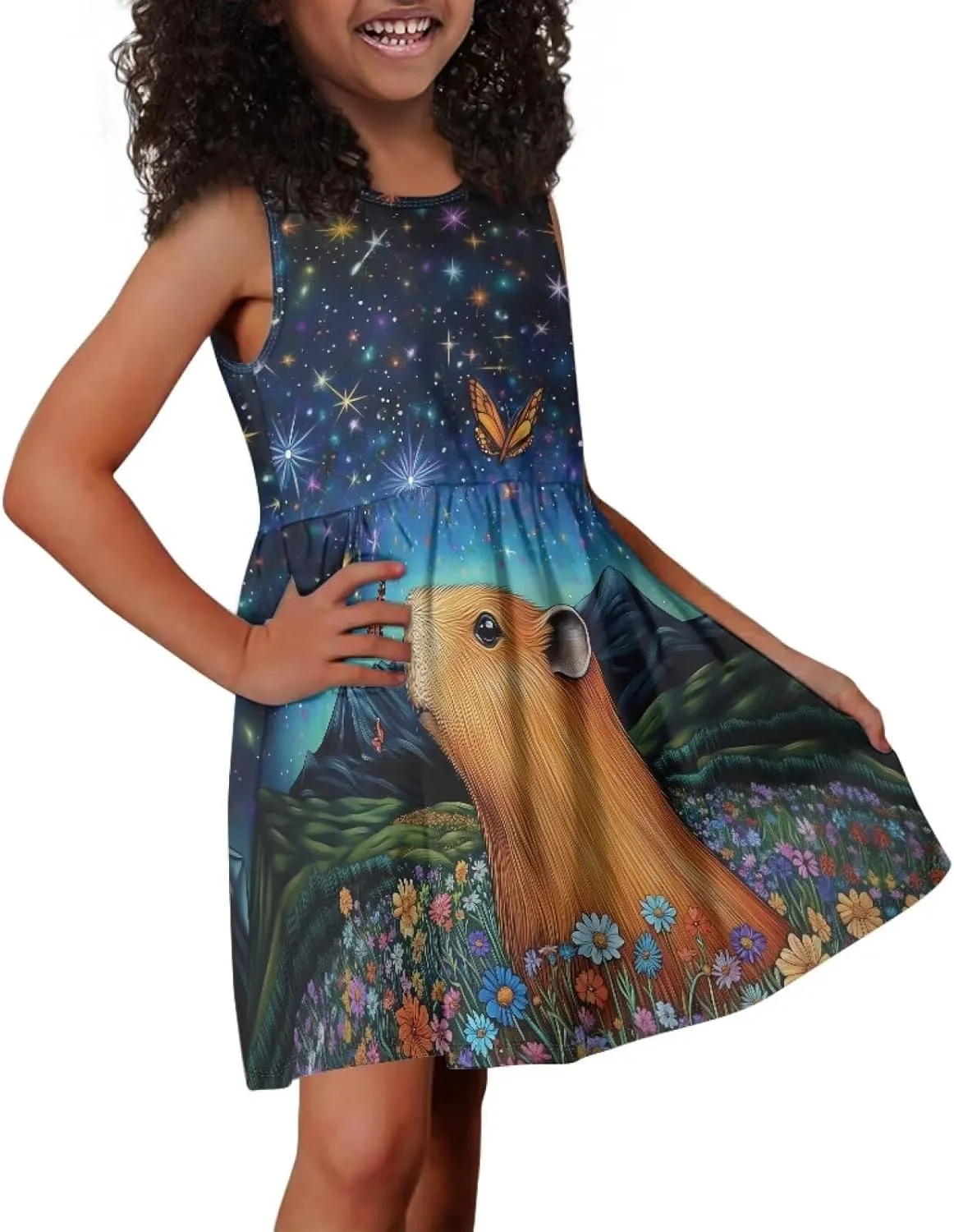 Girls Cute Summer Dresses 2-14Y Kids Mini Party Sun Dress Twirly Skater Dress Sleeveless Dress with Pockets