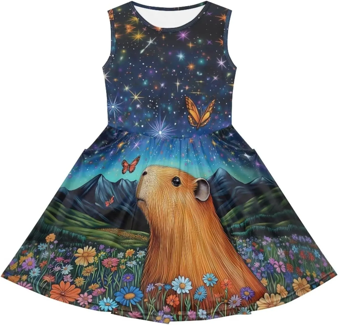 Girls Cute Summer Dresses 2-14Y Kids Mini Party Sun Dress Twirly Skater Dress Sleeveless Dress with Pockets