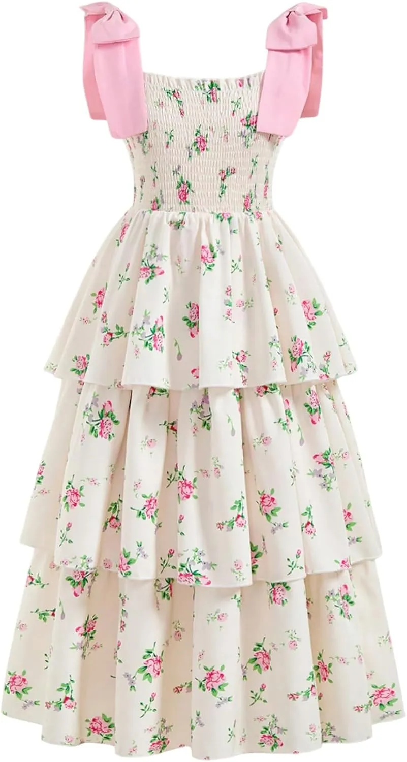 Girl's Floral Ruffle Tiered Layered Shirred Midi Dresses Tie Shoulder Sleeveless Summer A Line Dress