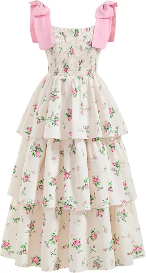 Girl's Floral Ruffle Tiered Layered Shirred Midi Dresses Tie Shoulder Sleeveless Summer A Line Dress
