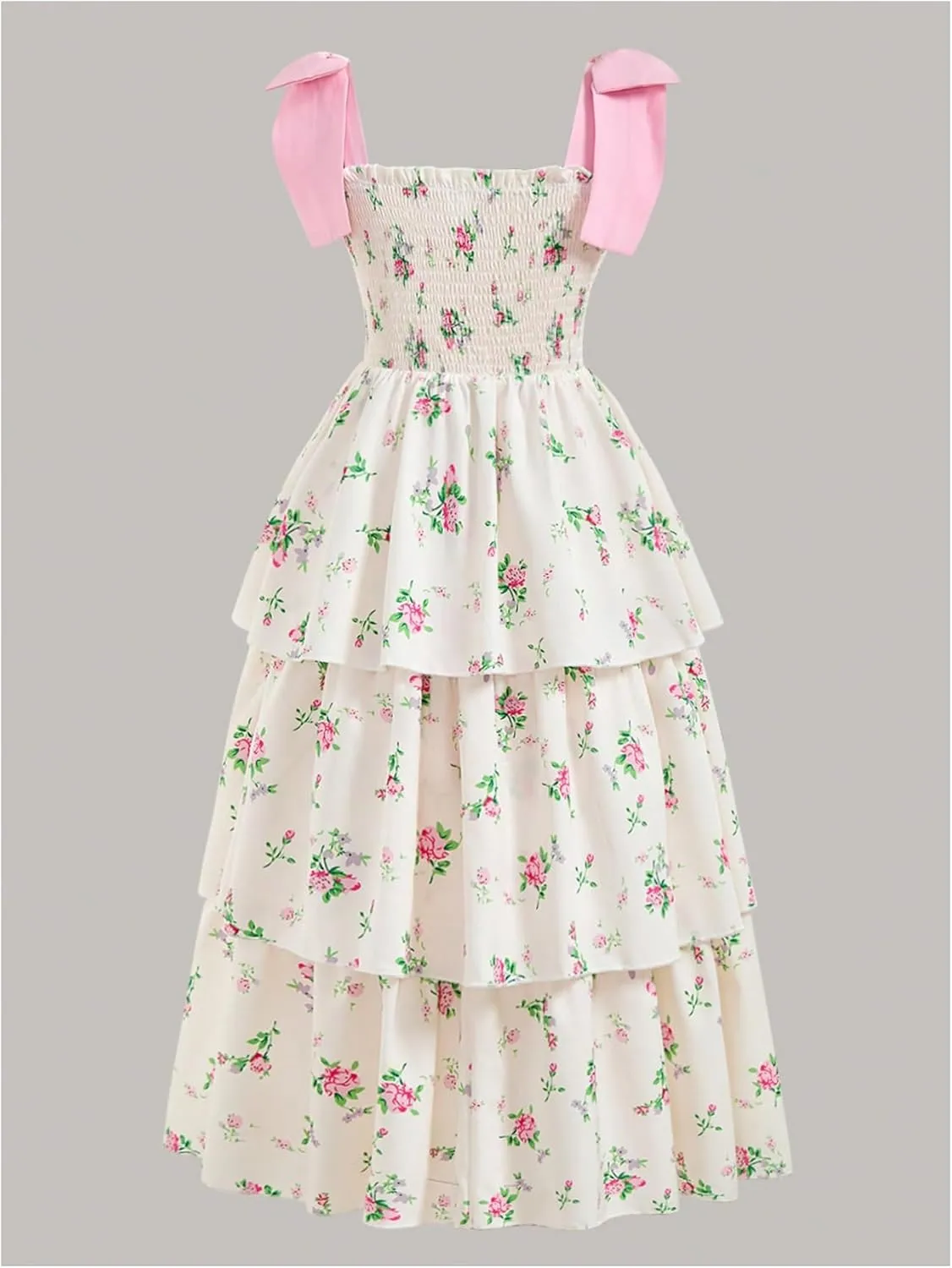 Girl's Floral Ruffle Tiered Layered Shirred Midi Dresses Tie Shoulder Sleeveless Summer A Line Dress
