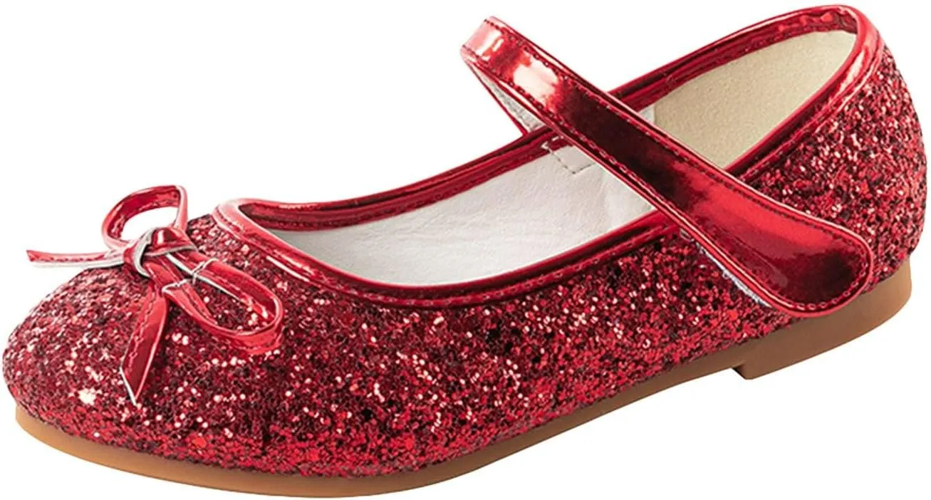 Girls Glittery Bowknot Dress Shoes Princess Low Heel Mary Jane Shoes for Toddler Little Girl Wedding Footwear