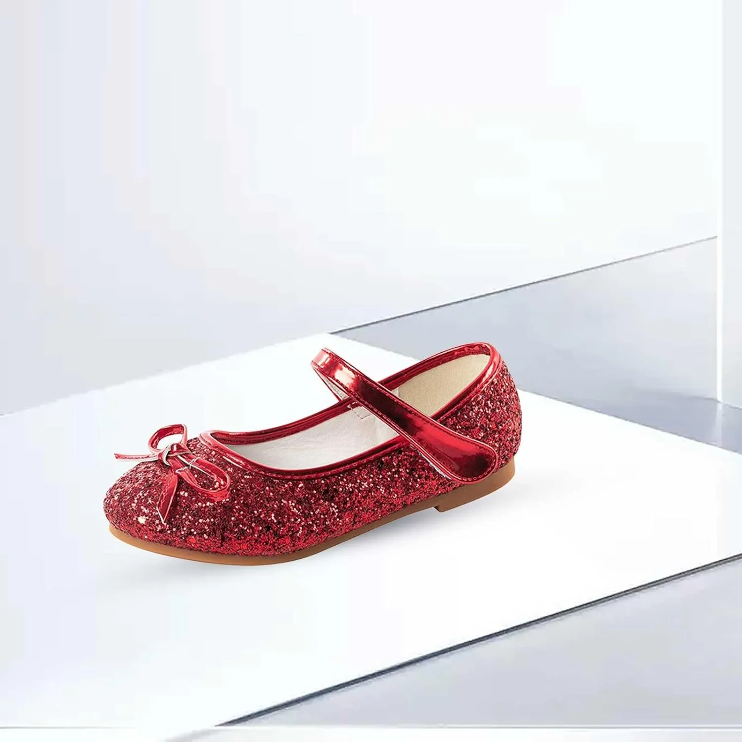 Girls Glittery Bowknot Dress Shoes Princess Low Heel Mary Jane Shoes for Toddler Little Girl Wedding Footwear