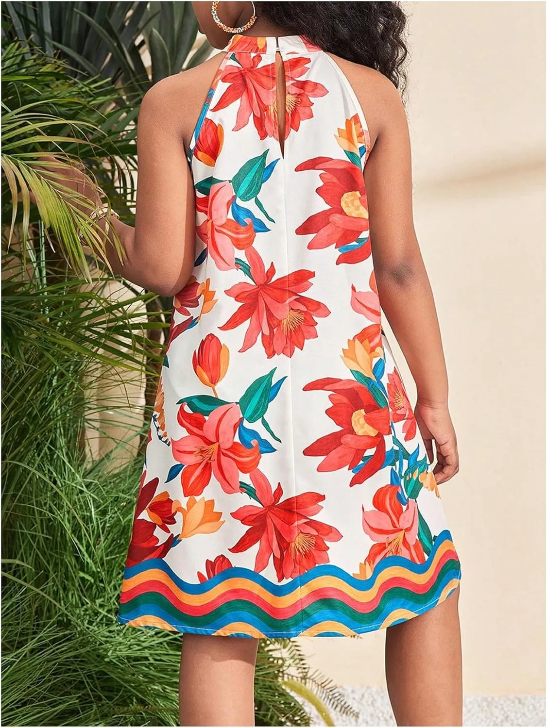Girl's Print Floral Halter Dress Summer Sleeveless Boho Flowy Beach Vacation Dresses