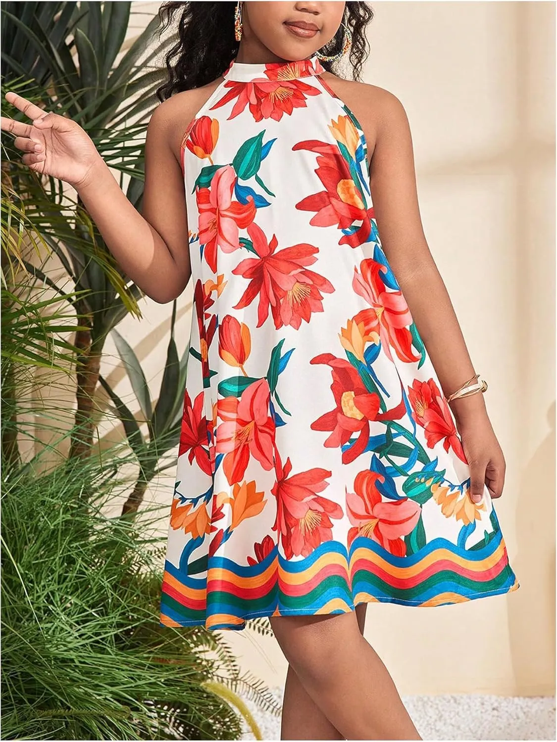 Girl's Print Floral Halter Dress Summer Sleeveless Boho Flowy Beach Vacation Dresses