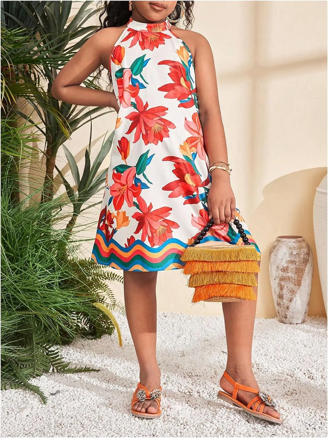 Girl's Print Floral Halter Dress Summer Sleeveless Boho Flowy Beach Vacation Dresses