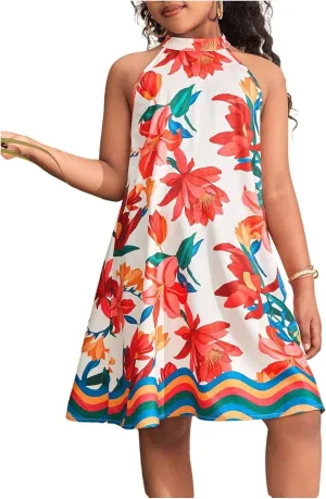 Girl's Print Floral Halter Dress Summer Sleeveless Boho Flowy Beach Vacation Dresses