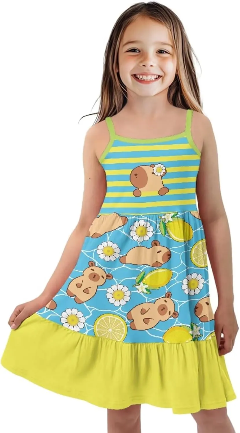 Girls Summer Dress 3-14 Y Kids Casual Spaghetti Strap Tiered Midi Dresses Cute Twirly Skater Party Sundress