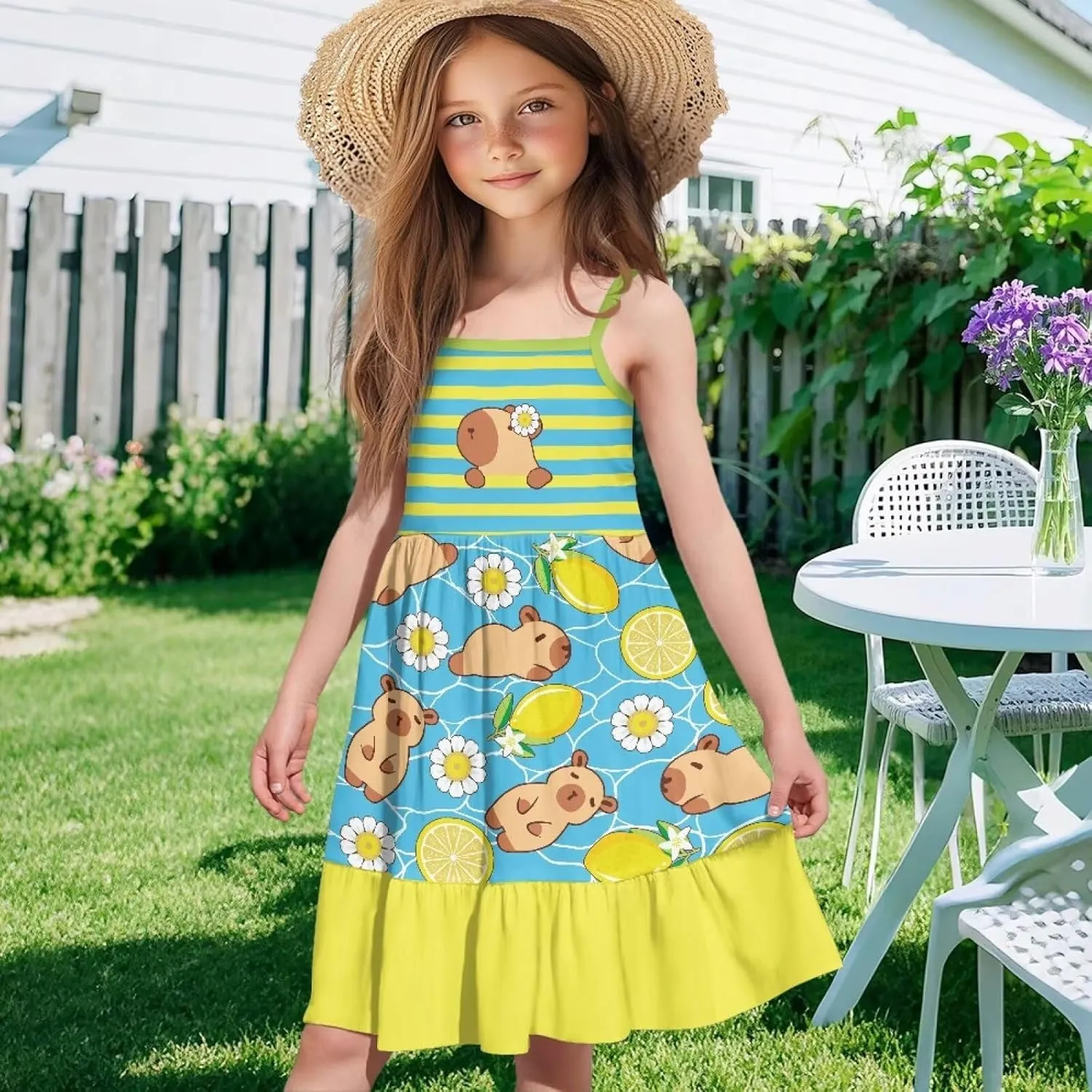 Girls Summer Dress 3-14 Y Kids Casual Spaghetti Strap Tiered Midi Dresses Cute Twirly Skater Party Sundress