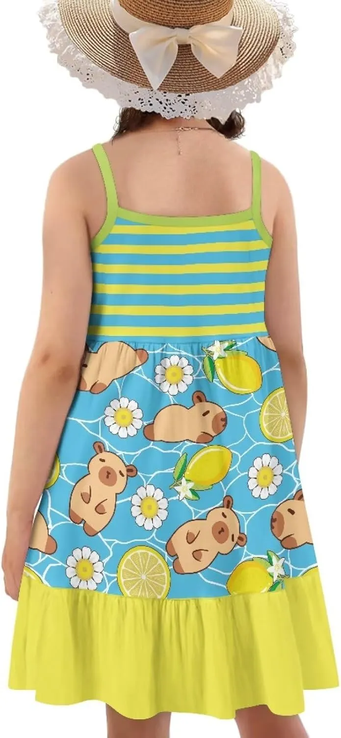 Girls Summer Dress 3-14 Y Kids Casual Spaghetti Strap Tiered Midi Dresses Cute Twirly Skater Party Sundress