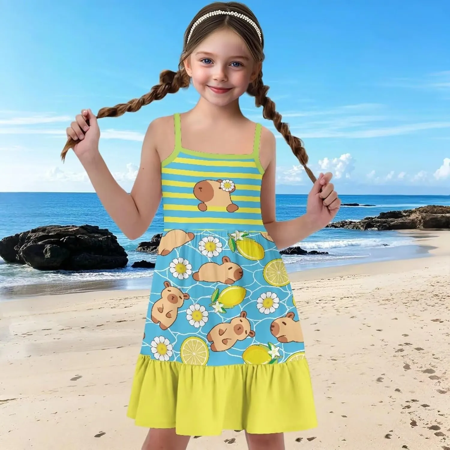 Girls Summer Dress 3-14 Y Kids Casual Spaghetti Strap Tiered Midi Dresses Cute Twirly Skater Party Sundress