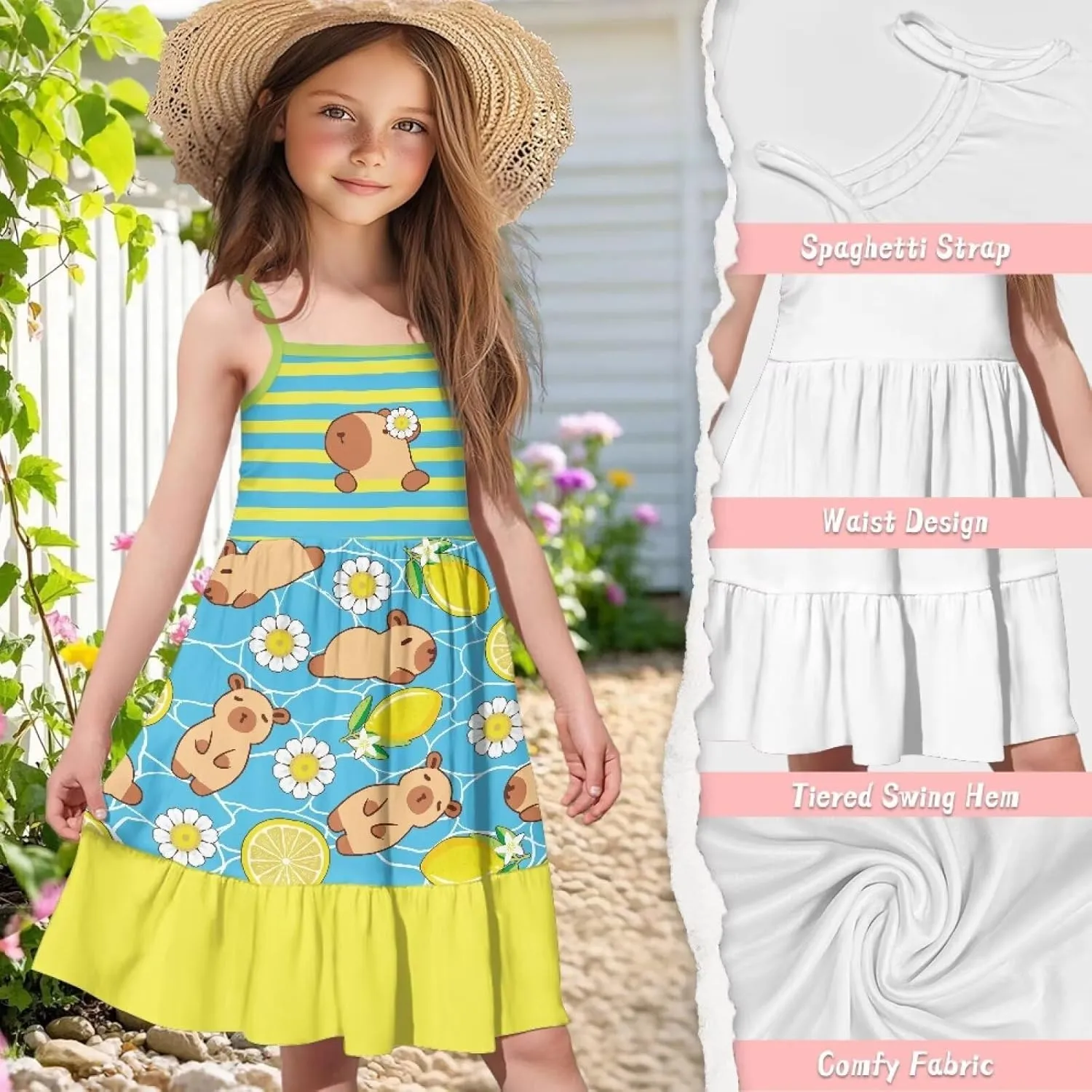 Girls Summer Dress 3-14 Y Kids Casual Spaghetti Strap Tiered Midi Dresses Cute Twirly Skater Party Sundress