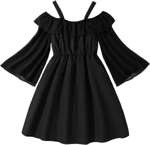 Girls' Summer Dress Cold Shoulder Ruffle Trim Flare Sleeve A Line Midi Dresses