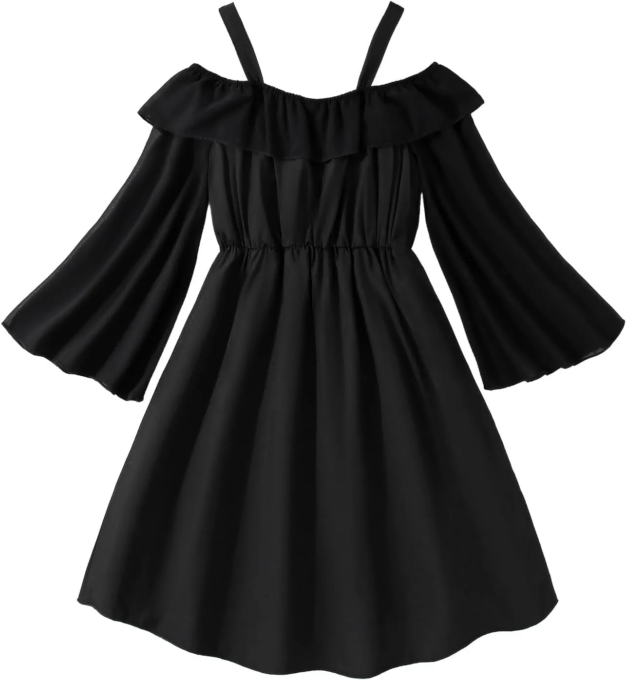 Girls' Summer Dress Cold Shoulder Ruffle Trim Flare Sleeve A Line Midi Dresses
