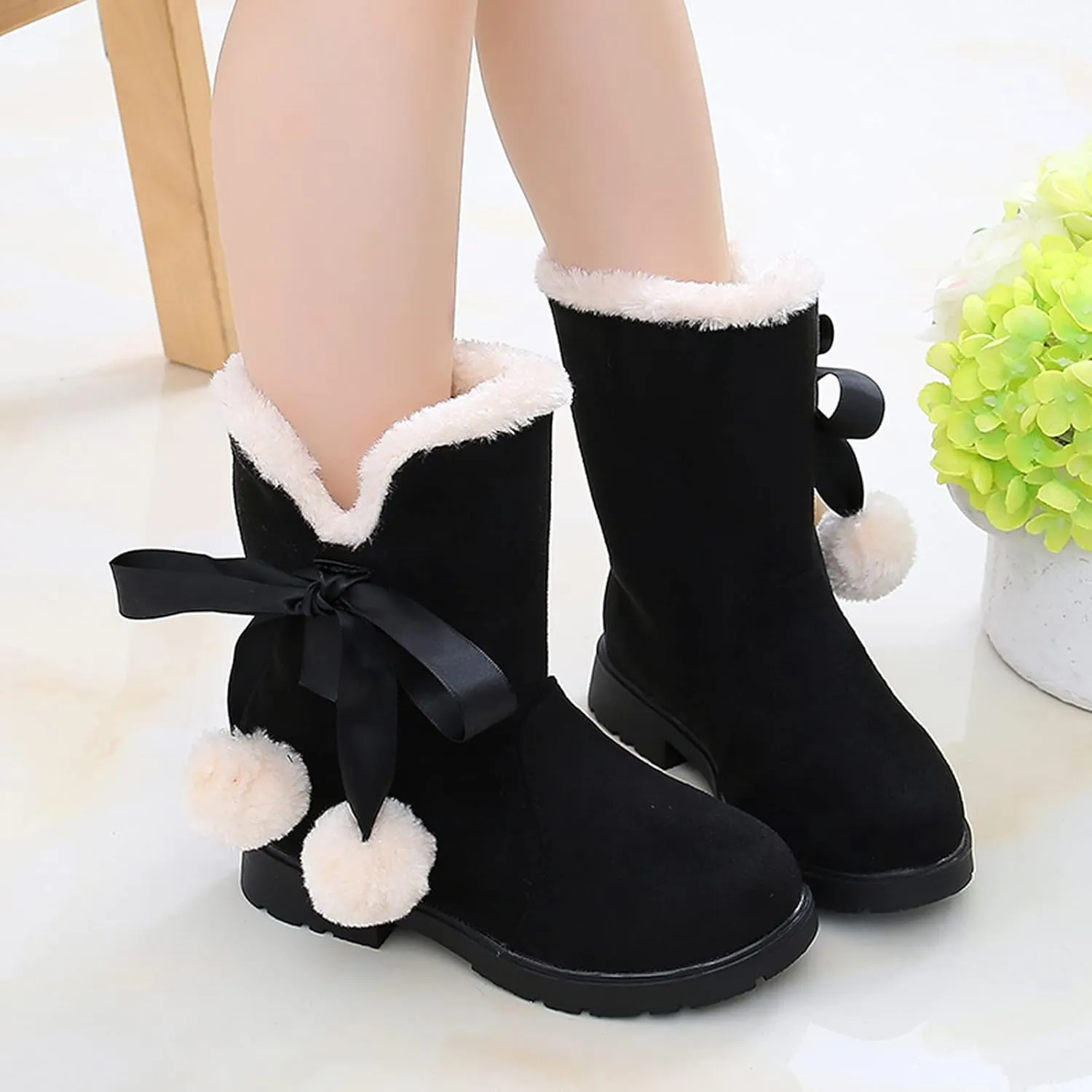 Girls' Winter Boots Faux Shearling Ankle Booties Fuzzy Fashion Snow Boots Bow Princess Shoes for Kids Girls