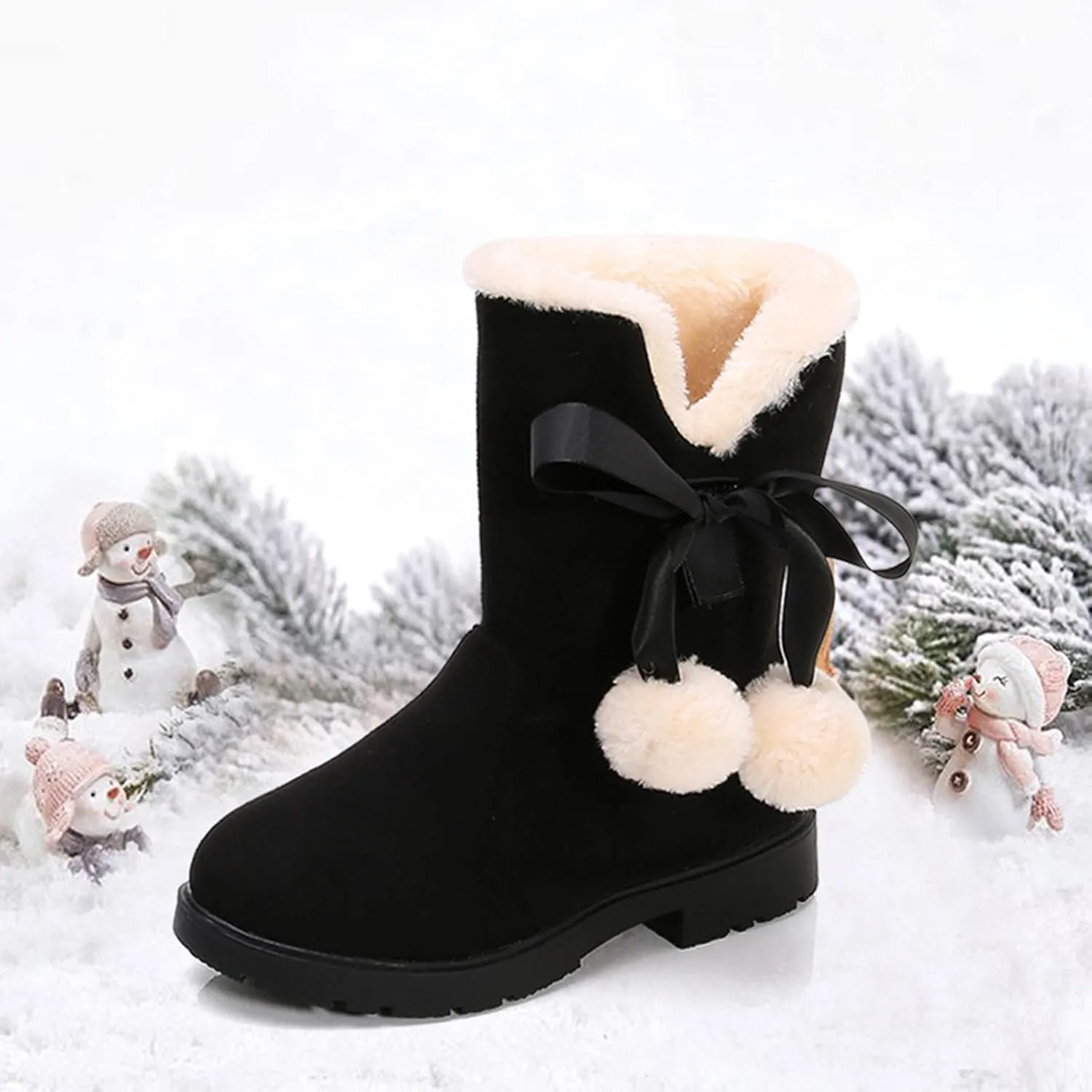 Girls' Winter Boots Faux Shearling Ankle Booties Fuzzy Fashion Snow Boots Bow Princess Shoes for Kids Girls