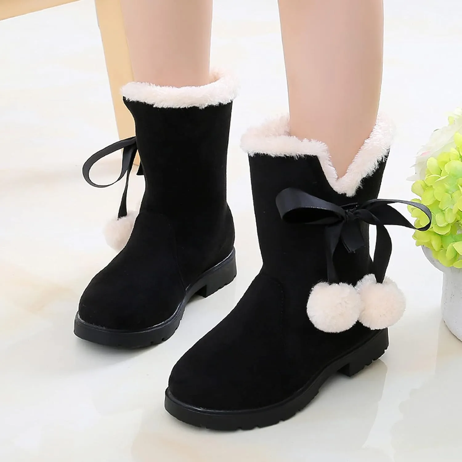 Girls' Winter Boots Faux Shearling Ankle Booties Fuzzy Fashion Snow Boots Bow Princess Shoes for Kids Girls