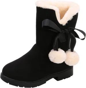Girls' Winter Boots Faux Shearling Ankle Booties Fuzzy Fashion Snow Boots Bow Princess Shoes for Kids Girls