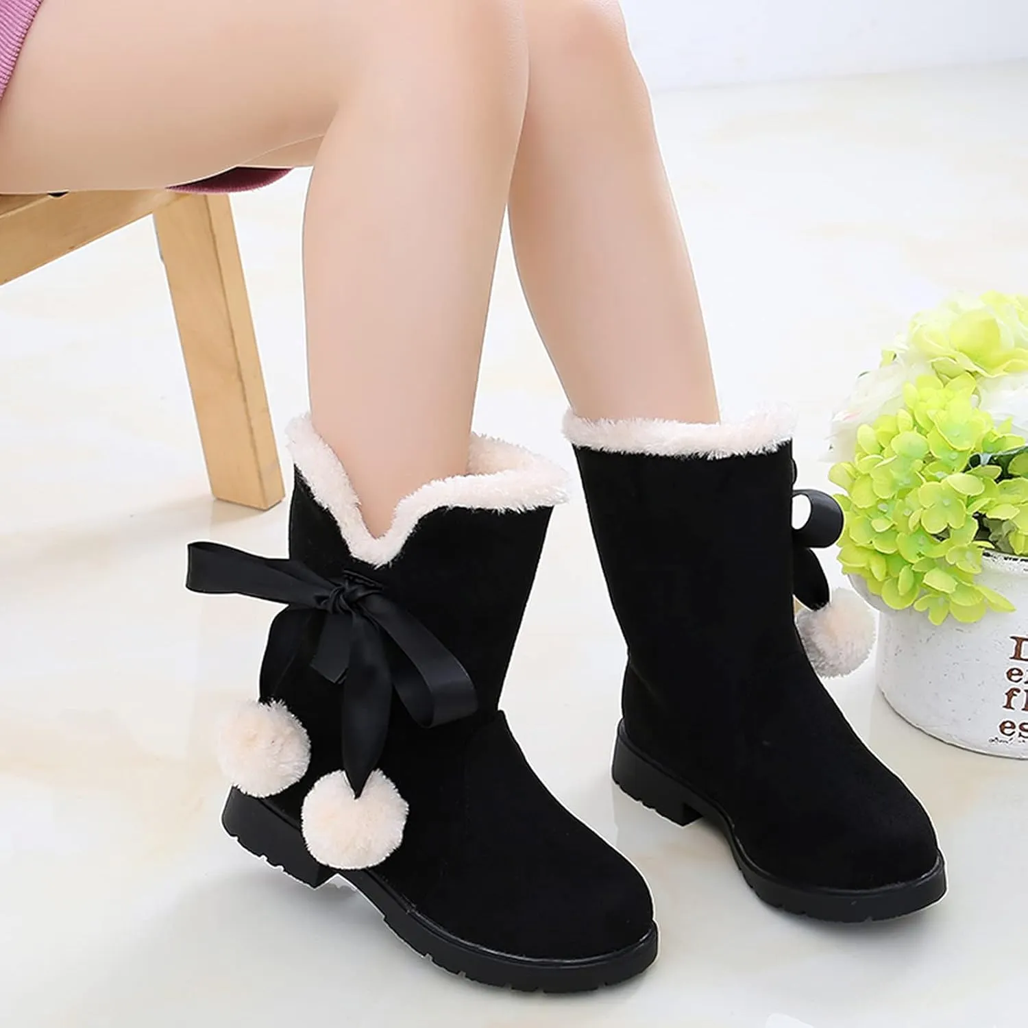 Girls' Winter Boots Faux Shearling Ankle Booties Fuzzy Fashion Snow Boots Bow Princess Shoes for Kids Girls