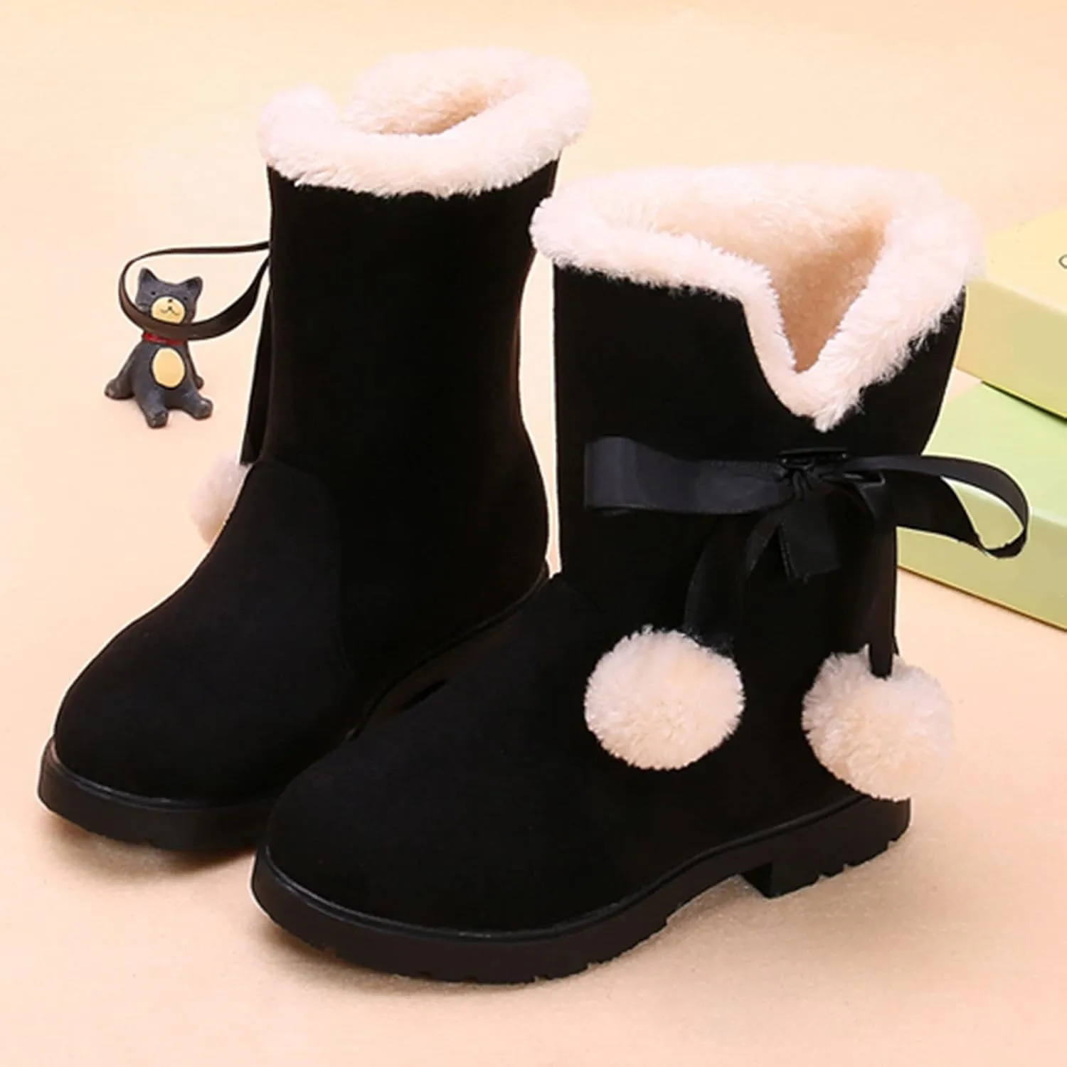 Girls' Winter Boots Faux Shearling Ankle Booties Fuzzy Fashion Snow Boots Bow Princess Shoes for Kids Girls