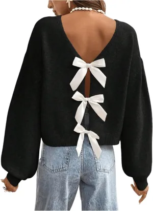 GORGLITTER Women's Bow Sweater Long Sleeve Crewneck Open Back Kintted Pullover Trendy Fall Fashion