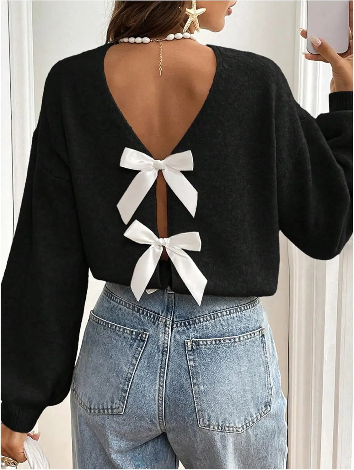 GORGLITTER Women's Bow Sweater Long Sleeve Crewneck Open Back Kintted Pullover Trendy Fall Fashion
