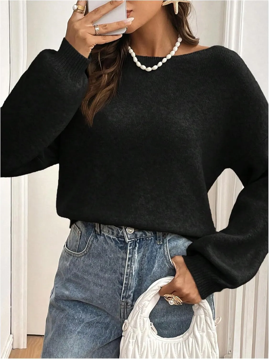 GORGLITTER Women's Bow Sweater Long Sleeve Crewneck Open Back Kintted Pullover Trendy Fall Fashion