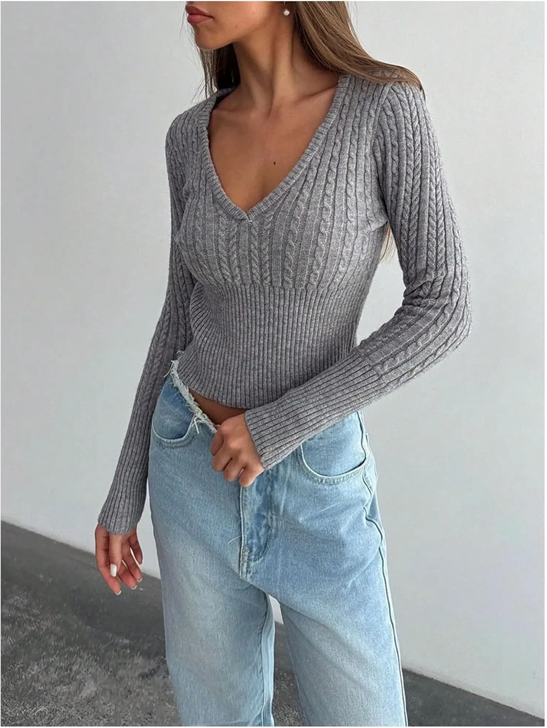 GORGLITTER Women's Cropped Sweater Cable Knit Deep V Neck Long Sleeve Fitted Pullover Tops Fall Fashion