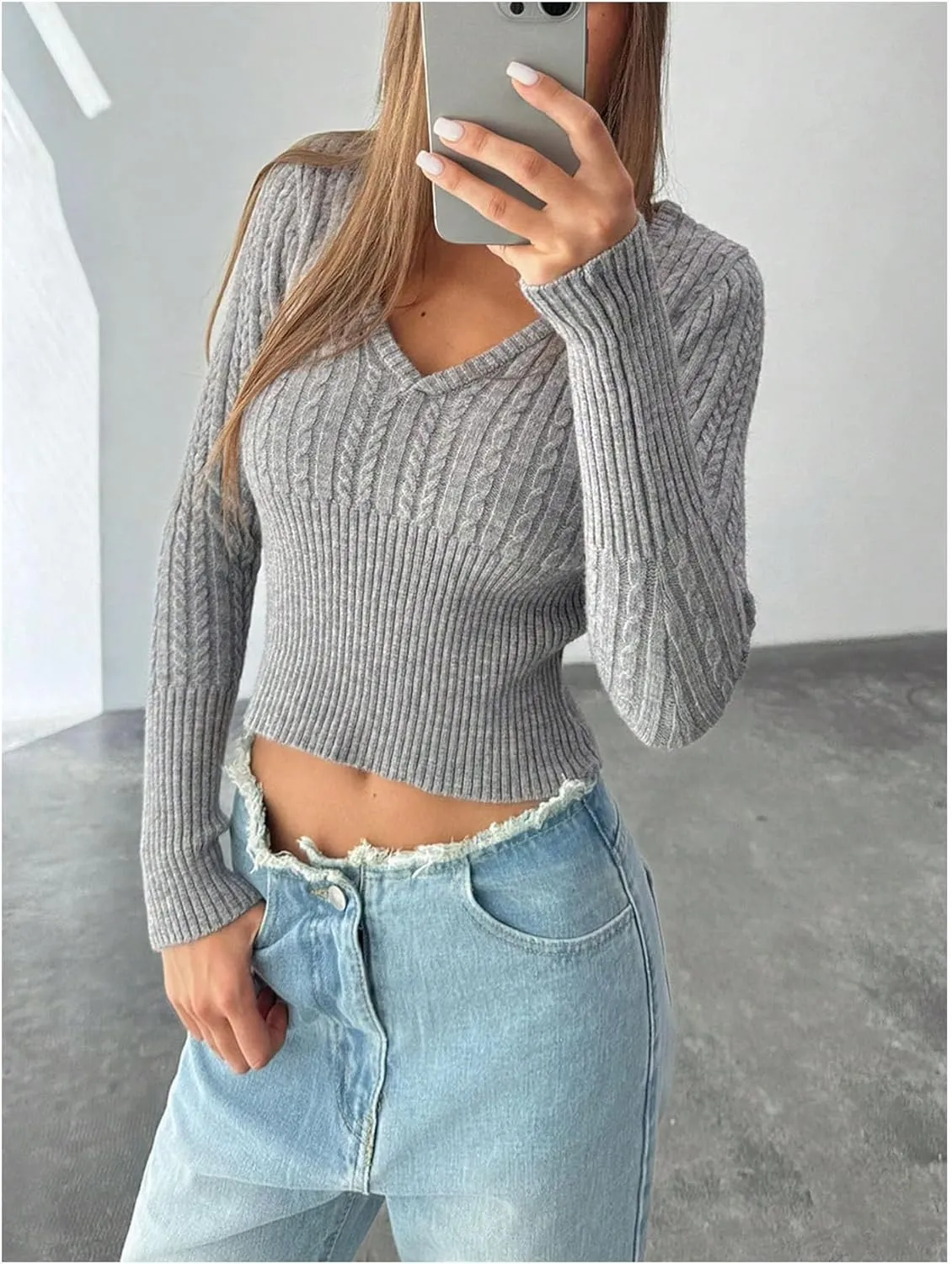 GORGLITTER Women's Cropped Sweater Cable Knit Deep V Neck Long Sleeve Fitted Pullover Tops Fall Fashion