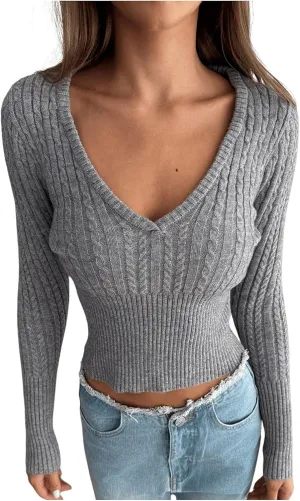 GORGLITTER Women's Cropped Sweater Cable Knit Deep V Neck Long Sleeve Fitted Pullover Tops Fall Fashion