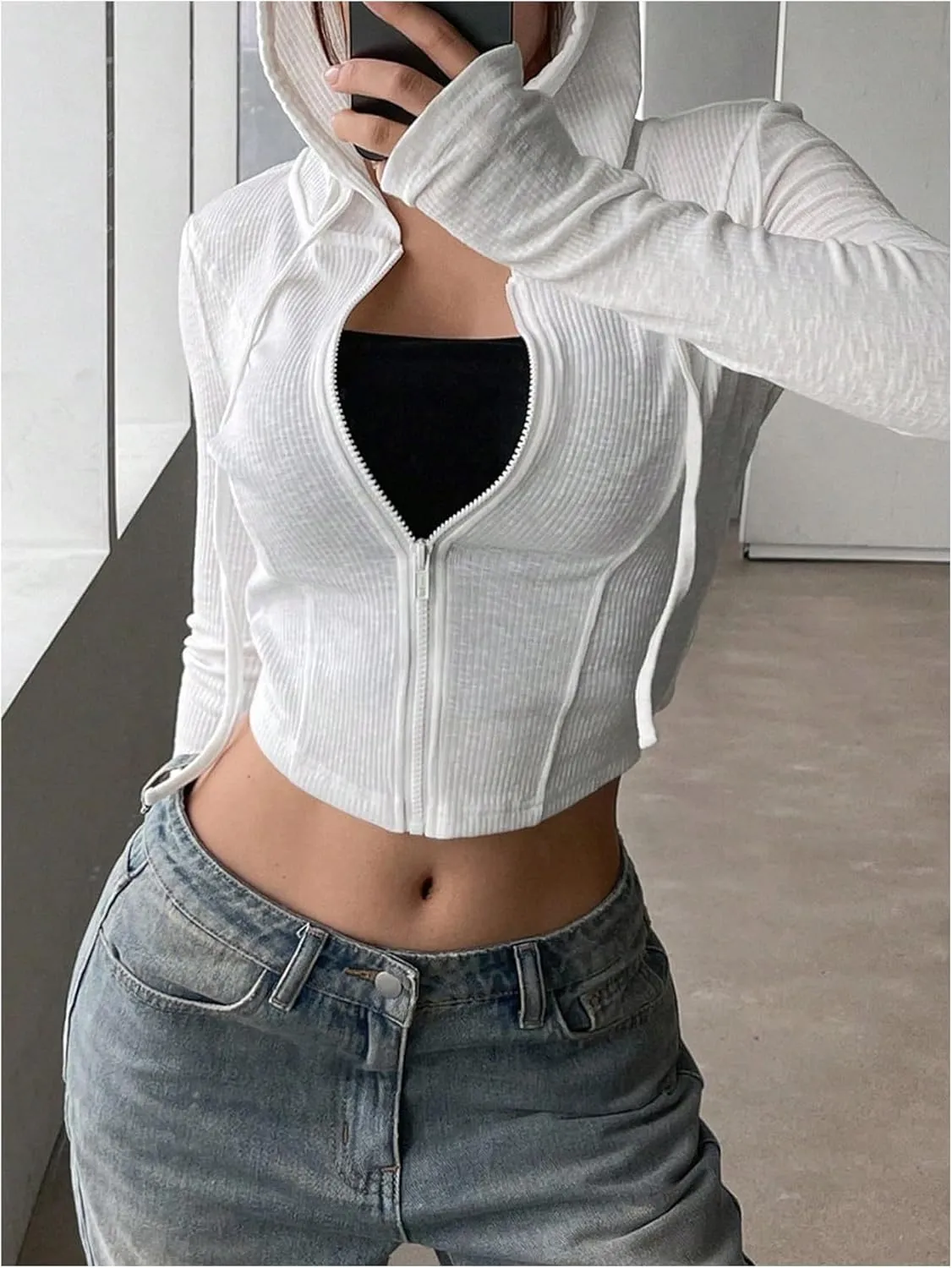 GORGLITTER Women's Zip Up Hoodie Lightweight Long Sleeve Rib Knit Slim Cropped Jacket