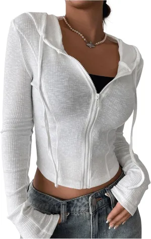 GORGLITTER Women's Zip Up Hoodie Lightweight Long Sleeve Rib Knit Slim Cropped Jacket