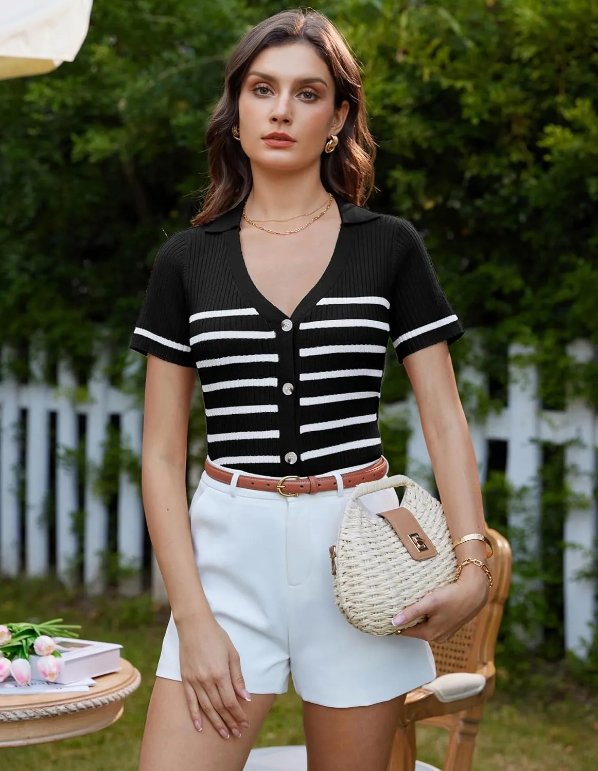 GRACE KARIN Womens Short Sleeve Sweater Tops V Neck Knitted Striped Shirts Casual Collared Work Top Comfy 2025 Summer