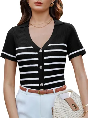 GRACE KARIN Womens Short Sleeve Sweater Tops V Neck Knitted Striped Shirts Casual Collared Work Top Comfy 2025 Summer