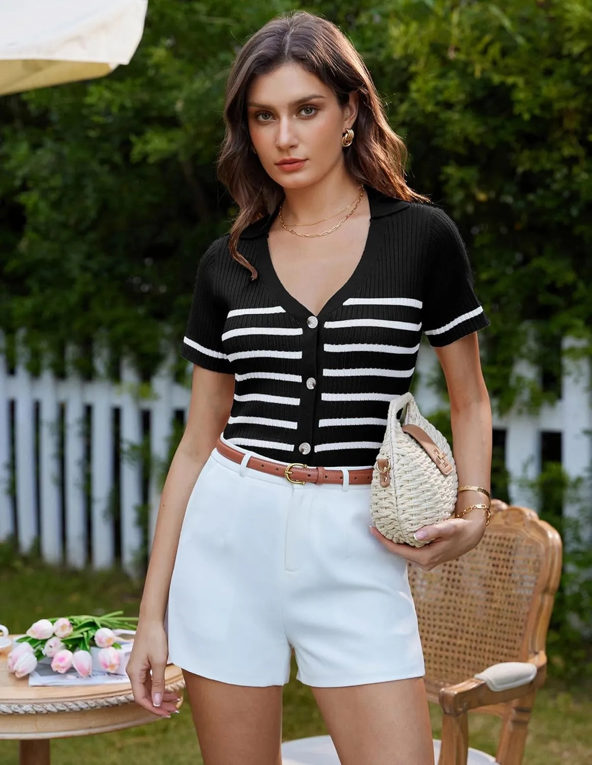 GRACE KARIN Womens Short Sleeve Sweater Tops V Neck Knitted Striped Shirts Casual Collared Work Top Comfy 2025 Summer